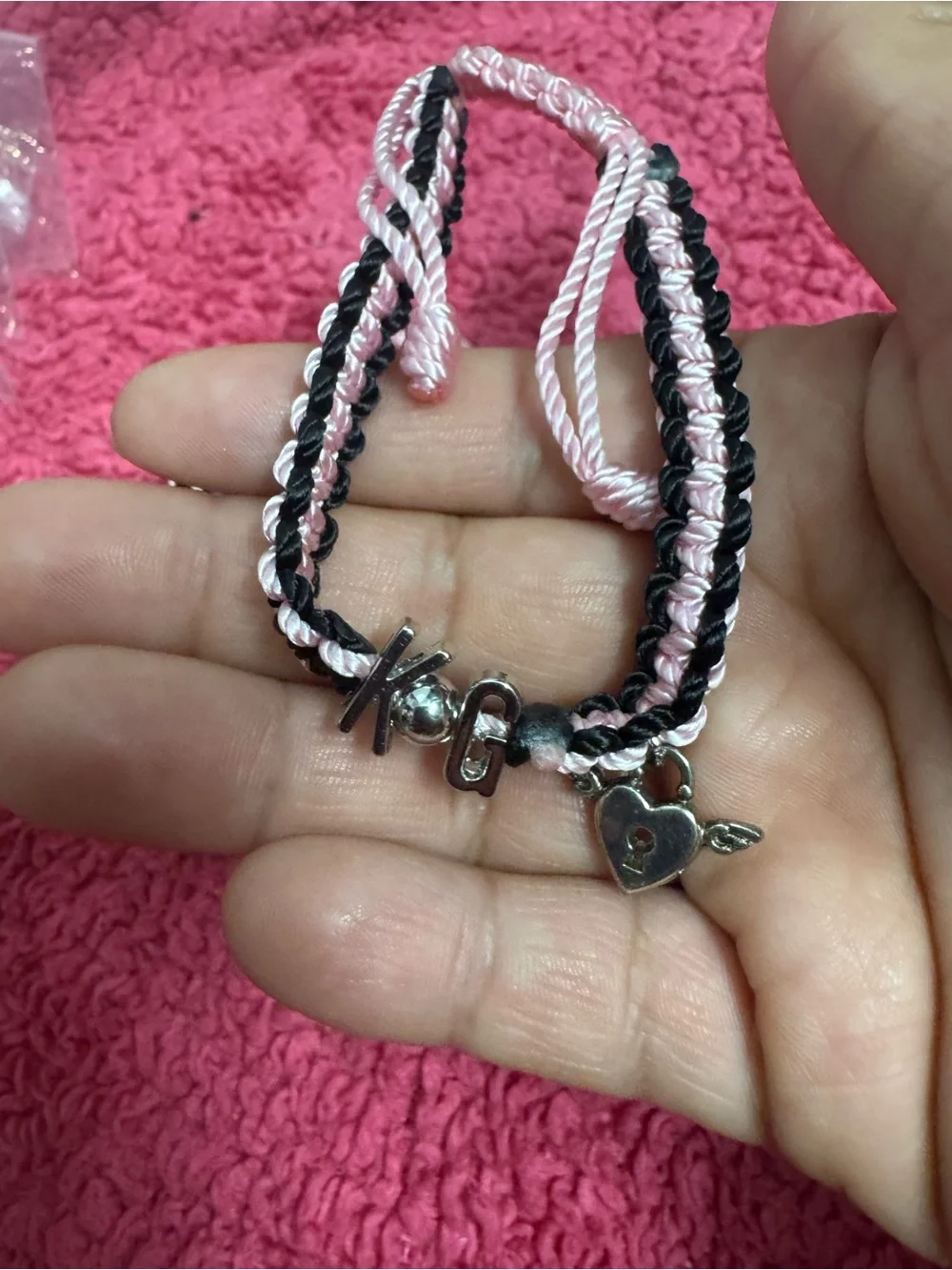 Handmade Pink & Black Braided Charm Bracelet Set